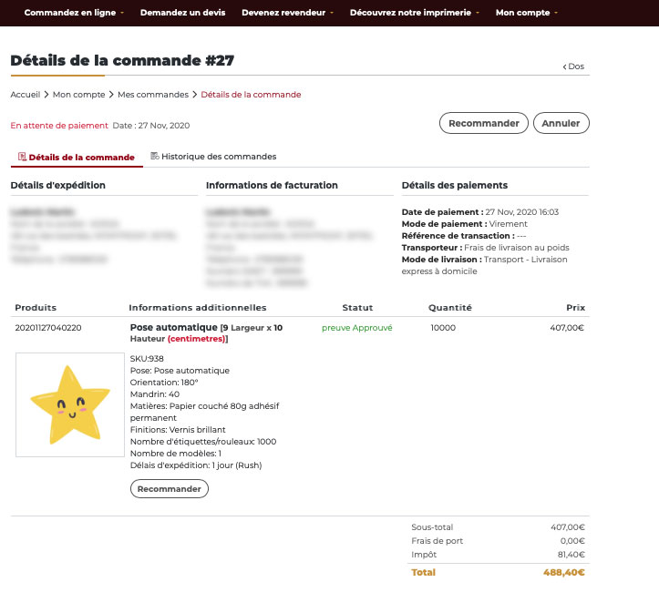 Détails et Demande d'annulation de commande